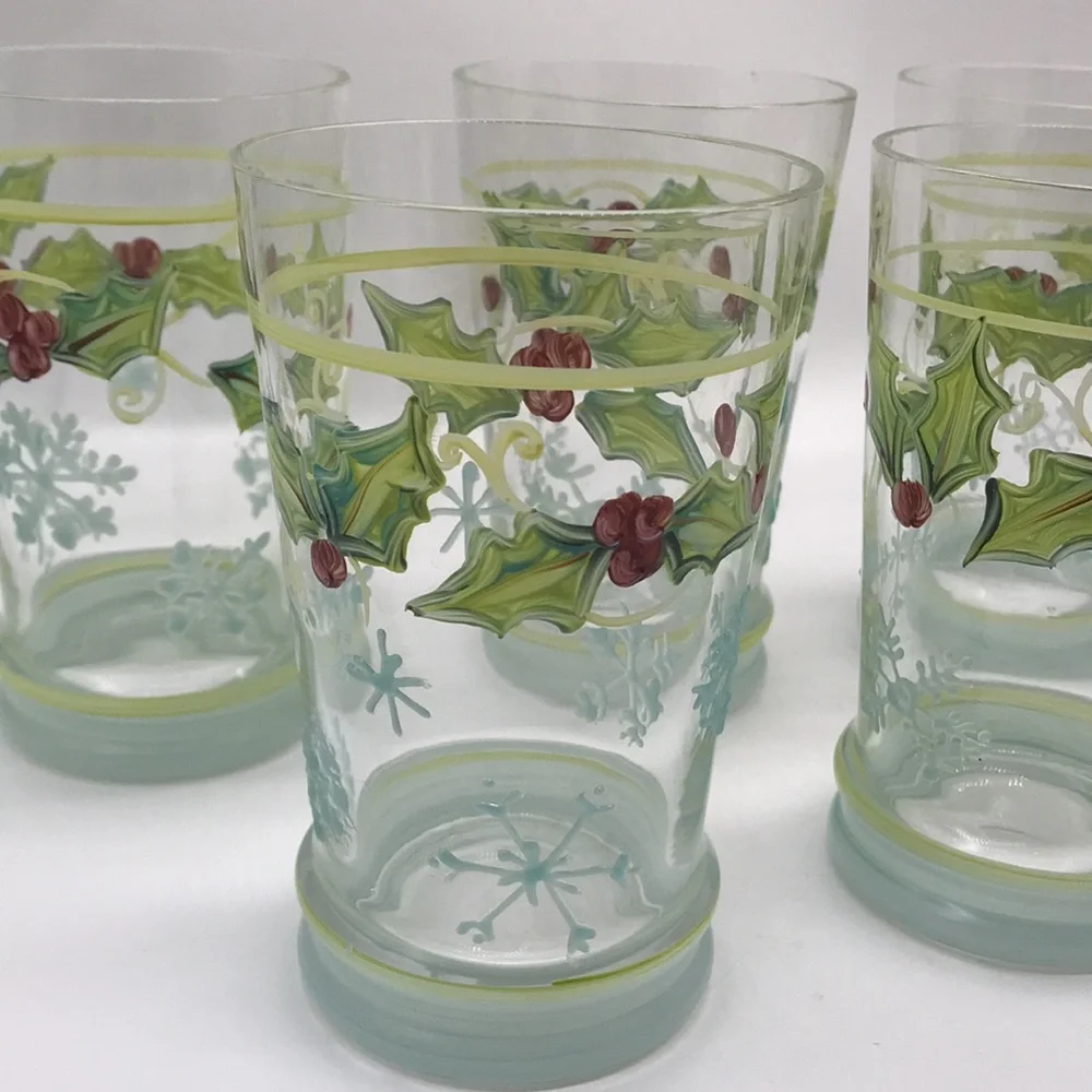 Vintage Christmas Painted/Decorated Clear Glass 16 oz. Tumbler’s—Total of 5 - Picture 2 of 9